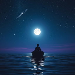 A solitary person in a small boat at night on the ocean, surrounded by twinkling stars, shining planets, and a bright full moon illuminating the scene