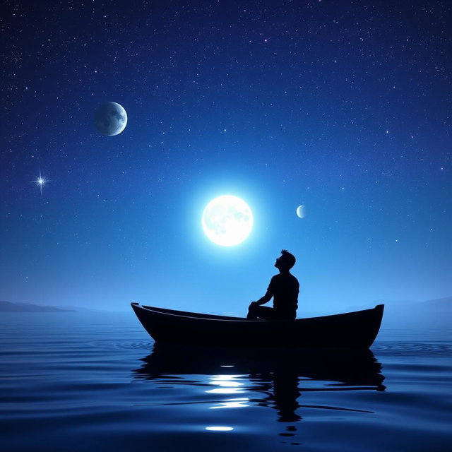 A solitary person in a small boat at night on the ocean, surrounded by twinkling stars, shining planets, and a bright full moon illuminating the scene