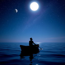 A solitary person in a small boat at night on the ocean, surrounded by twinkling stars, shining planets, and a bright full moon illuminating the scene