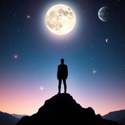 A solitary figure standing in the night sky, surrounded by a stunning backdrop of stars, planets, and a glowing full moon