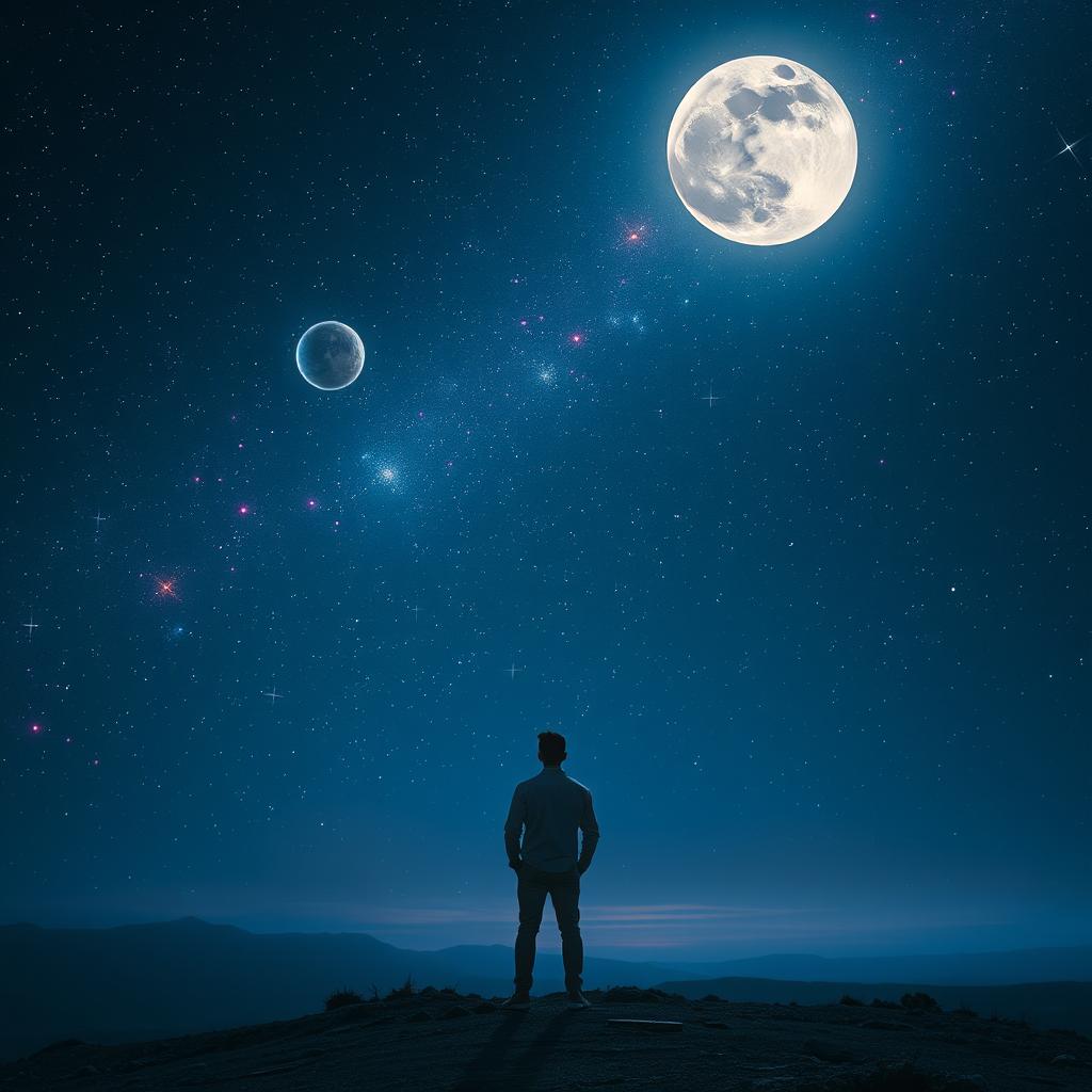 A solitary figure standing in the night sky, surrounded by a stunning backdrop of stars, planets, and a glowing full moon