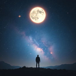 A solitary figure standing in the night sky, surrounded by a stunning backdrop of stars, planets, and a glowing full moon