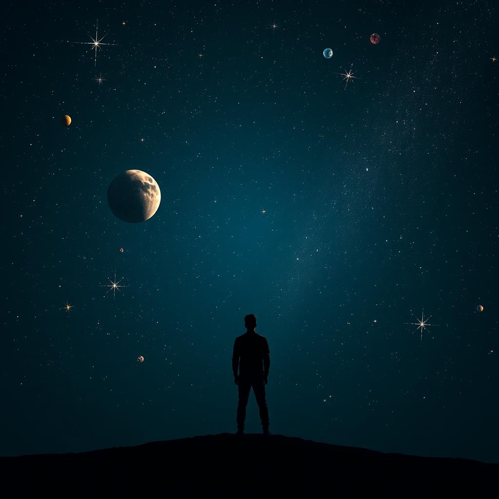 A solitary figure standing in the night sky, surrounded by a dazzling array of stars, planets, and a glowing moon