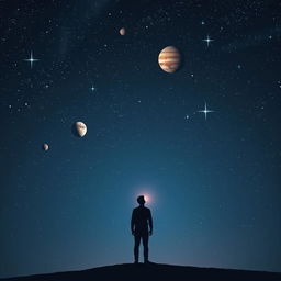 A solitary figure standing in the night sky, surrounded by a dazzling array of stars, planets, and a glowing moon
