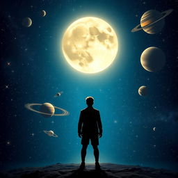 A solitary figure standing in the night sky, surrounded by a dazzling array of stars, planets, and a glowing moon