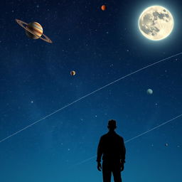 A solitary figure standing in the night sky, surrounded by a dazzling array of stars, planets, and a glowing moon