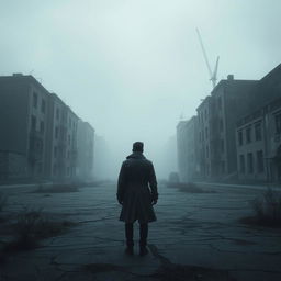 A dark and gloomy landscape depicting a desolate, abandoned city shrouded in fog