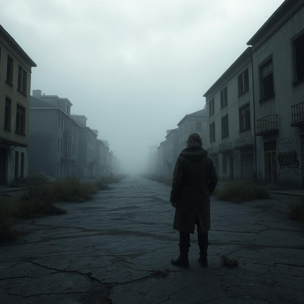 A dark and gloomy landscape depicting a desolate, abandoned city shrouded in fog