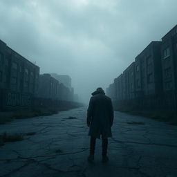A dark and gloomy landscape depicting a desolate, abandoned city shrouded in fog