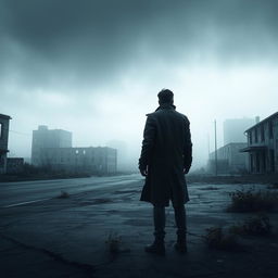 A dark and gloomy landscape depicting a desolate, abandoned city shrouded in fog