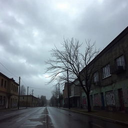 A gloomy, melancholic landscape featuring an overcast sky filled with dark clouds, casting a cold, dim light over a deserted urban street