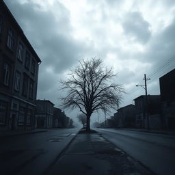 A gloomy, melancholic landscape featuring an overcast sky filled with dark clouds, casting a cold, dim light over a deserted urban street