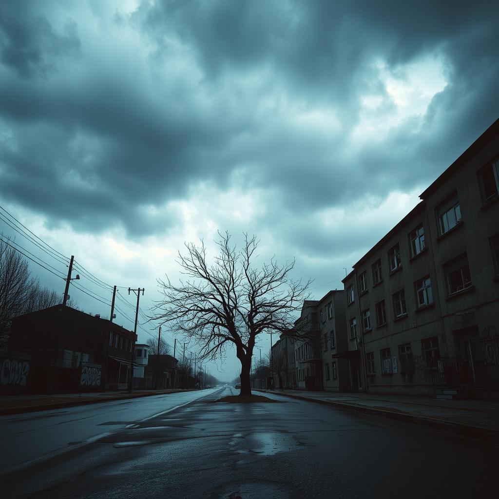 A gloomy, melancholic landscape featuring an overcast sky filled with dark clouds, casting a cold, dim light over a deserted urban street