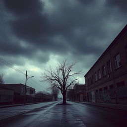 A gloomy, melancholic landscape featuring an overcast sky filled with dark clouds, casting a cold, dim light over a deserted urban street