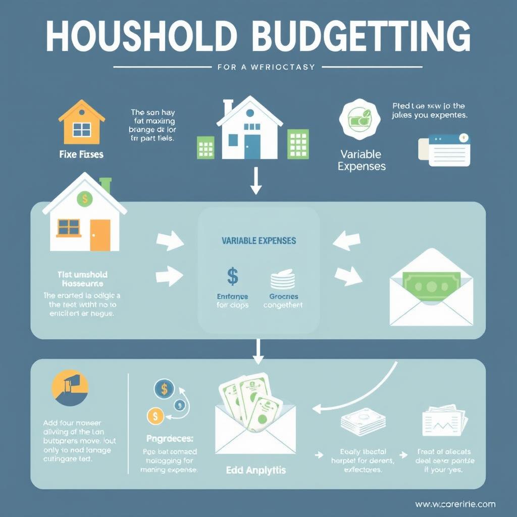 A visually appealing infographic illustrating a household budgeting system