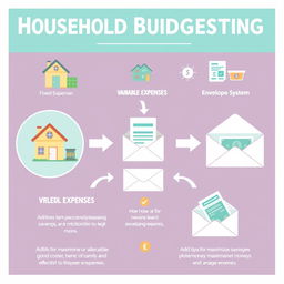 A visually appealing infographic illustrating a household budgeting system