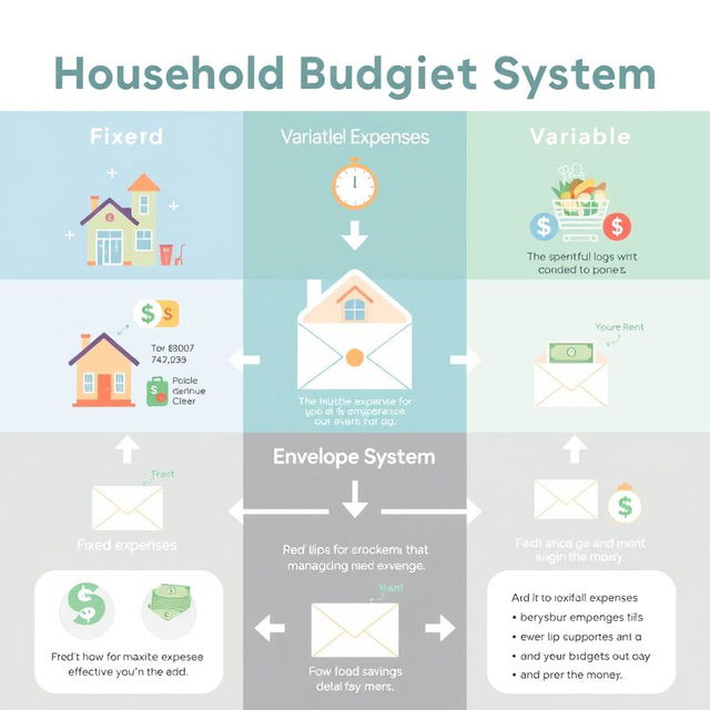 A visually appealing infographic illustrating a household budgeting system