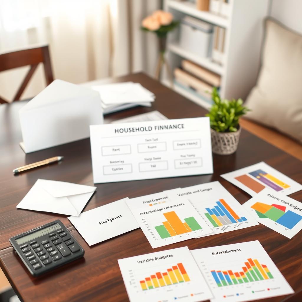 An organized personal finance system focused on household budgeting, showcasing categories like fixed expenses, variable expenses, and a cash envelope budgeting system