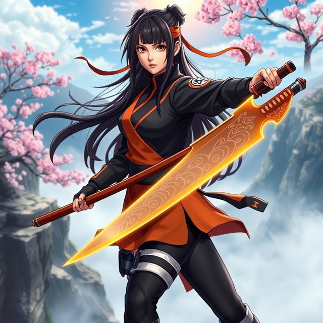 A skilled female ninja inspired by Naruto, dressed in traditional ninja attire featuring a black and orange color scheme