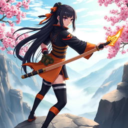 A skilled female ninja inspired by Naruto, dressed in traditional ninja attire featuring a black and orange color scheme