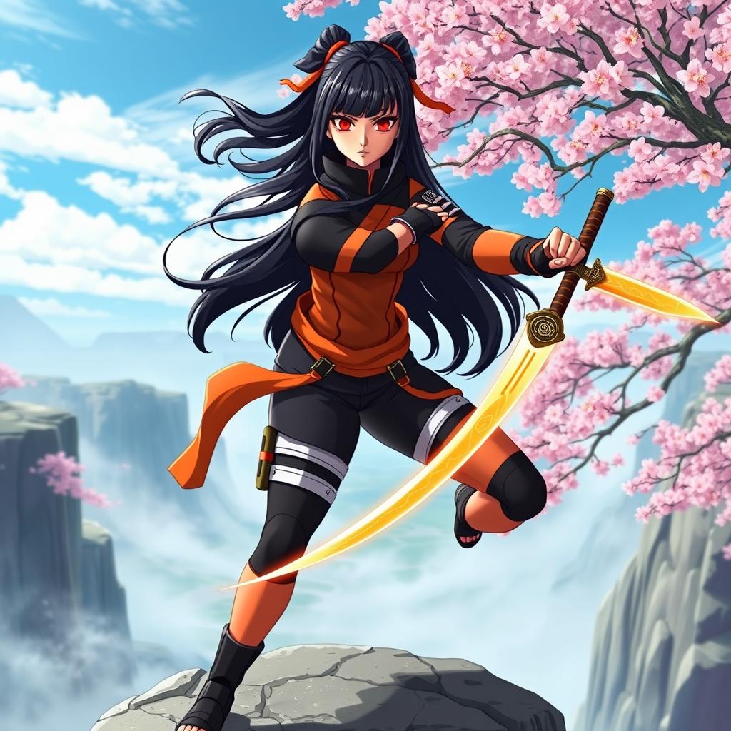 A skilled female ninja inspired by Naruto, dressed in traditional ninja attire featuring a black and orange color scheme