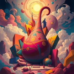 A highly stylized and artistic representation of a large phallus, surrounded by vibrant, colorful abstract shapes and patterns that evoke a sense of grandeur and boldness