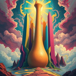 A highly stylized and artistic representation of a large phallus, surrounded by vibrant, colorful abstract shapes and patterns that evoke a sense of grandeur and boldness