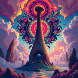 A highly stylized and artistic representation of a large phallus, surrounded by vibrant, colorful abstract shapes and patterns that evoke a sense of grandeur and boldness