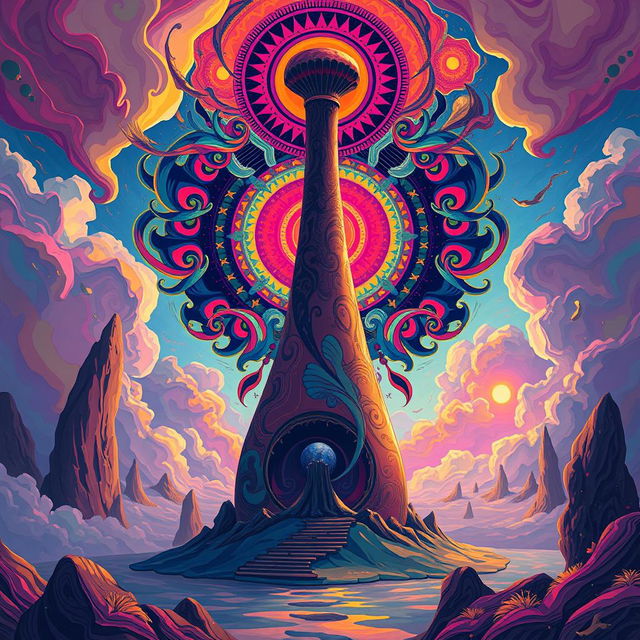 A highly stylized and artistic representation of a large phallus, surrounded by vibrant, colorful abstract shapes and patterns that evoke a sense of grandeur and boldness
