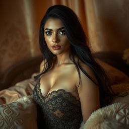 A Persian woman in an intimate, sensual setting, surrounded by luxurious fabrics and soft lighting