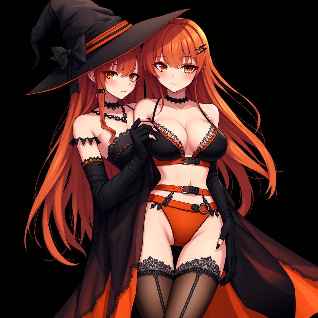 A sexy gothic anime witch girl with shoulder-length orange hair and thick red lips, wearing a classic witch's hat