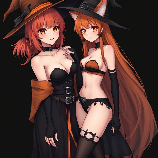 A sexy gothic anime witch girl with shoulder-length orange hair and thick red lips, wearing a classic witch's hat