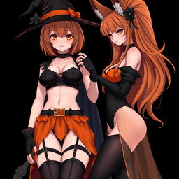 A sexy gothic anime witch girl with shoulder-length orange hair and thick red lips, wearing a classic witch's hat