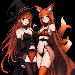 A sexy gothic anime witch girl with shoulder-length orange hair and thick red lips, wearing a classic witch's hat