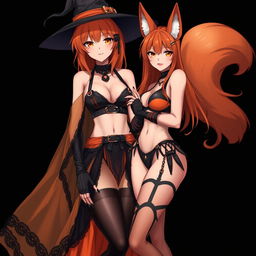 A sexy gothic anime witch girl with shoulder-length orange hair, thick red lips, and a stylish witches hat
