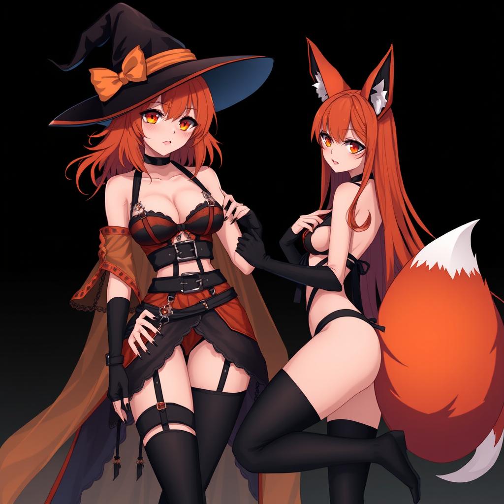 A sexy gothic anime witch girl with shoulder-length orange hair, thick red lips, and a stylish witches hat