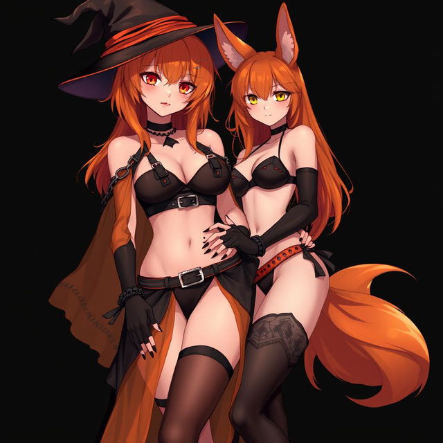 A sexy gothic anime witch girl with shoulder-length orange hair, thick red lips, and a stylish witches hat