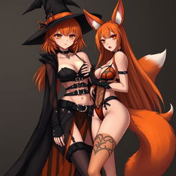 A sexy gothic anime witch girl with shoulder-length orange hair, thick red lips, and a stylish witches hat