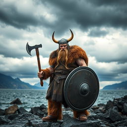 A strong and fierce Viking warrior standing proudly on a rocky shore, wearing a classic horned helmet and a rugged fur cloak
