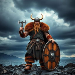 A strong and fierce Viking warrior standing proudly on a rocky shore, wearing a classic horned helmet and a rugged fur cloak