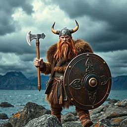A strong and fierce Viking warrior standing proudly on a rocky shore, wearing a classic horned helmet and a rugged fur cloak