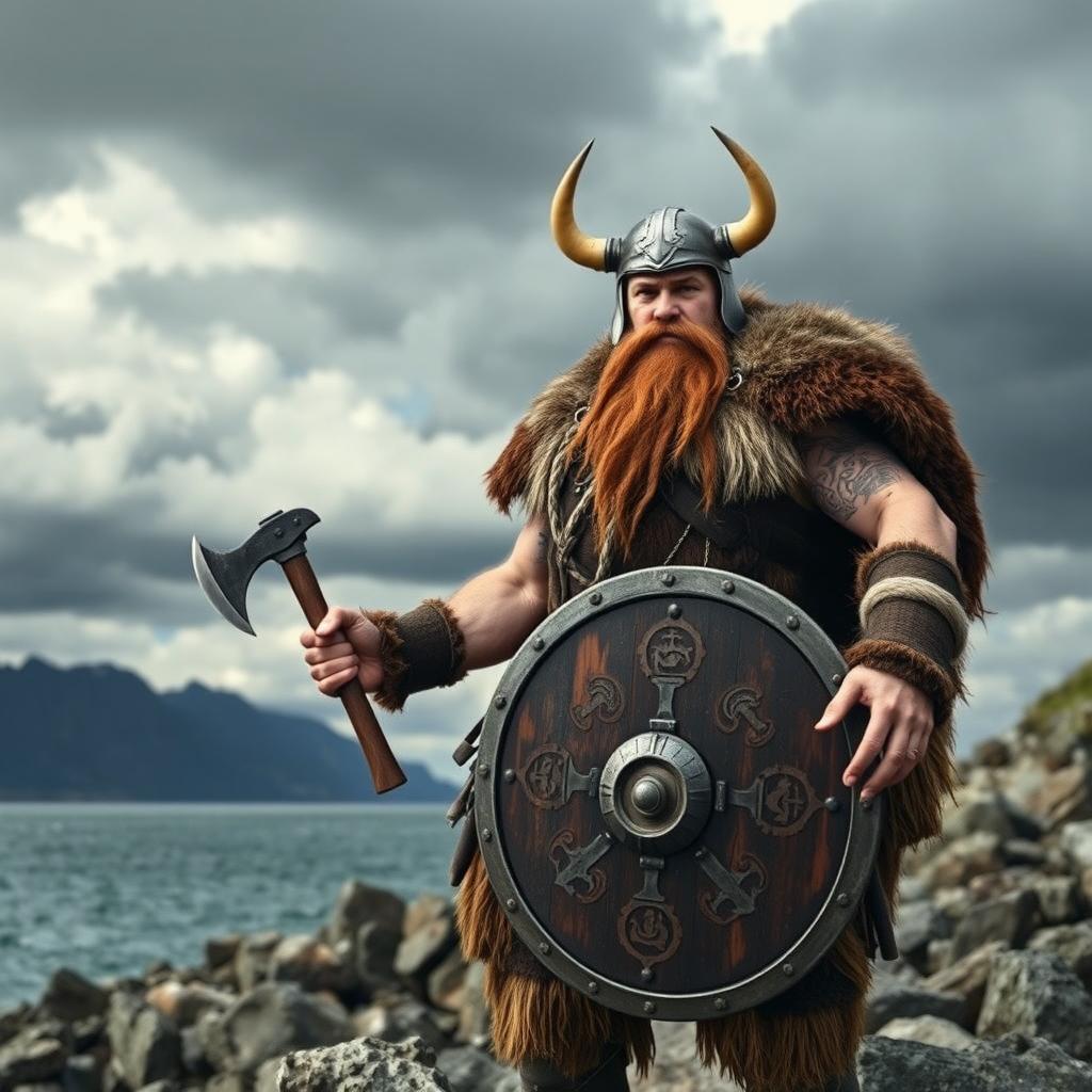 A strong and fierce Viking warrior standing proudly on a rocky shore, wearing a classic horned helmet and a rugged fur cloak
