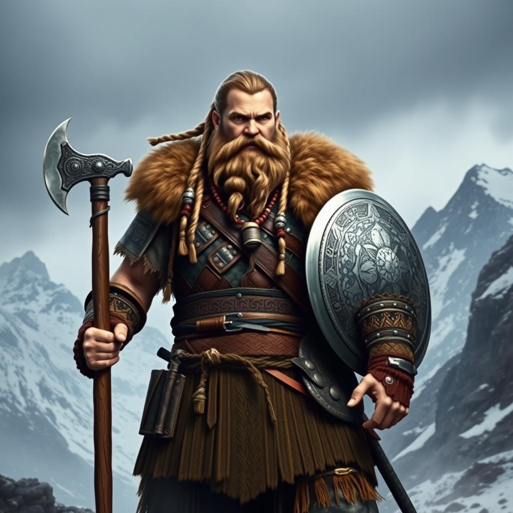 A strong Viking warrior standing confidently with a fierce expression, clad in intricate armor decorated with Nordic patterns, holding a large battle axe in one hand