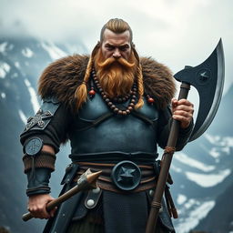 A strong Viking warrior standing confidently with a fierce expression, clad in intricate armor decorated with Nordic patterns, holding a large battle axe in one hand
