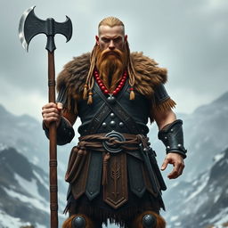 A strong Viking warrior standing confidently with a fierce expression, clad in intricate armor decorated with Nordic patterns, holding a large battle axe in one hand
