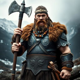 A strong Viking warrior standing confidently with a fierce expression, clad in intricate armor decorated with Nordic patterns, holding a large battle axe in one hand