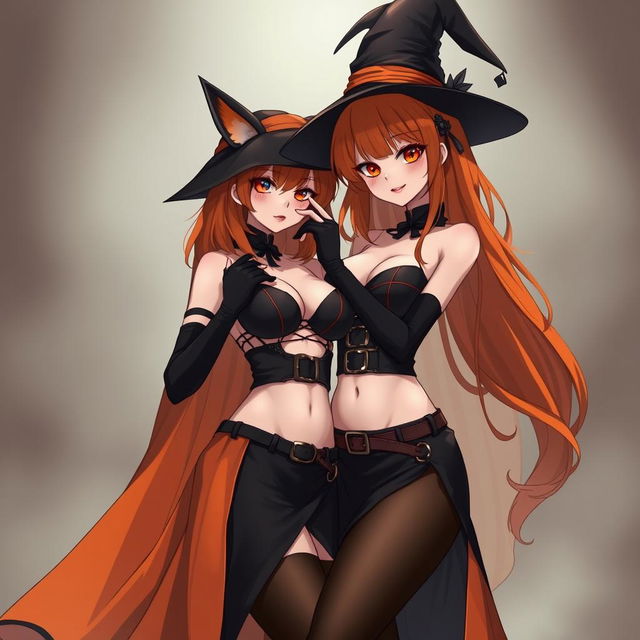 A sexy gothic anime witch girl with shoulder-length orange hair, styled elegantly with a classic witch's hat perched atop her head