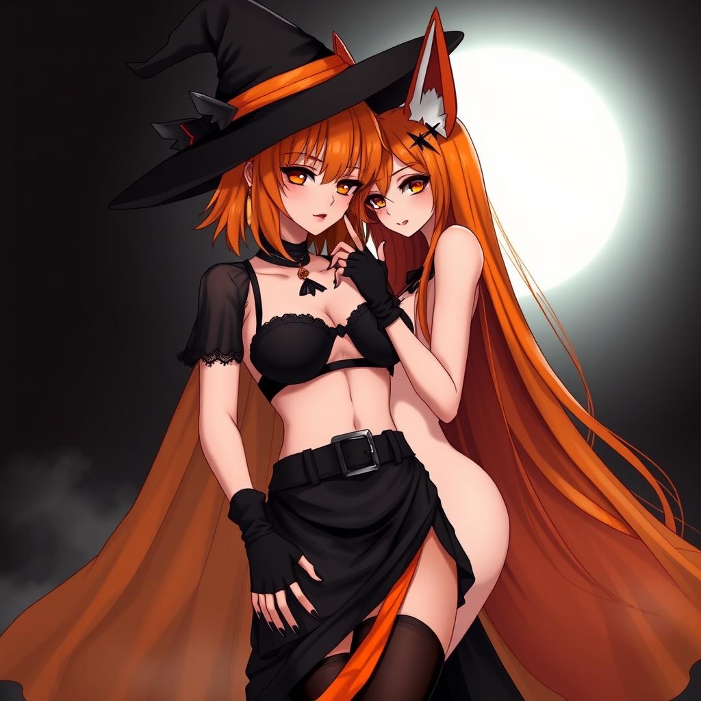 A sexy gothic anime witch girl with shoulder-length orange hair, styled elegantly with a classic witch's hat perched atop her head