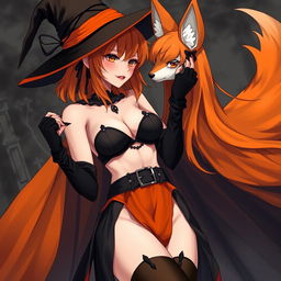 A sexy gothic anime witch girl with shoulder-length orange hair, styled elegantly with a classic witch's hat perched atop her head
