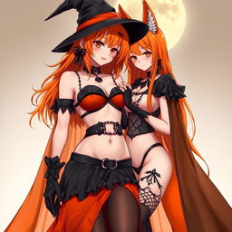 A sexy gothic anime witch girl with shoulder-length orange hair, styled elegantly with a classic witch's hat perched atop her head